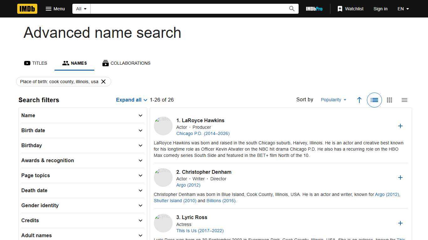 Place of birth Matching "cook county, illinois, usa" (Sorted by Popularity Ascending)