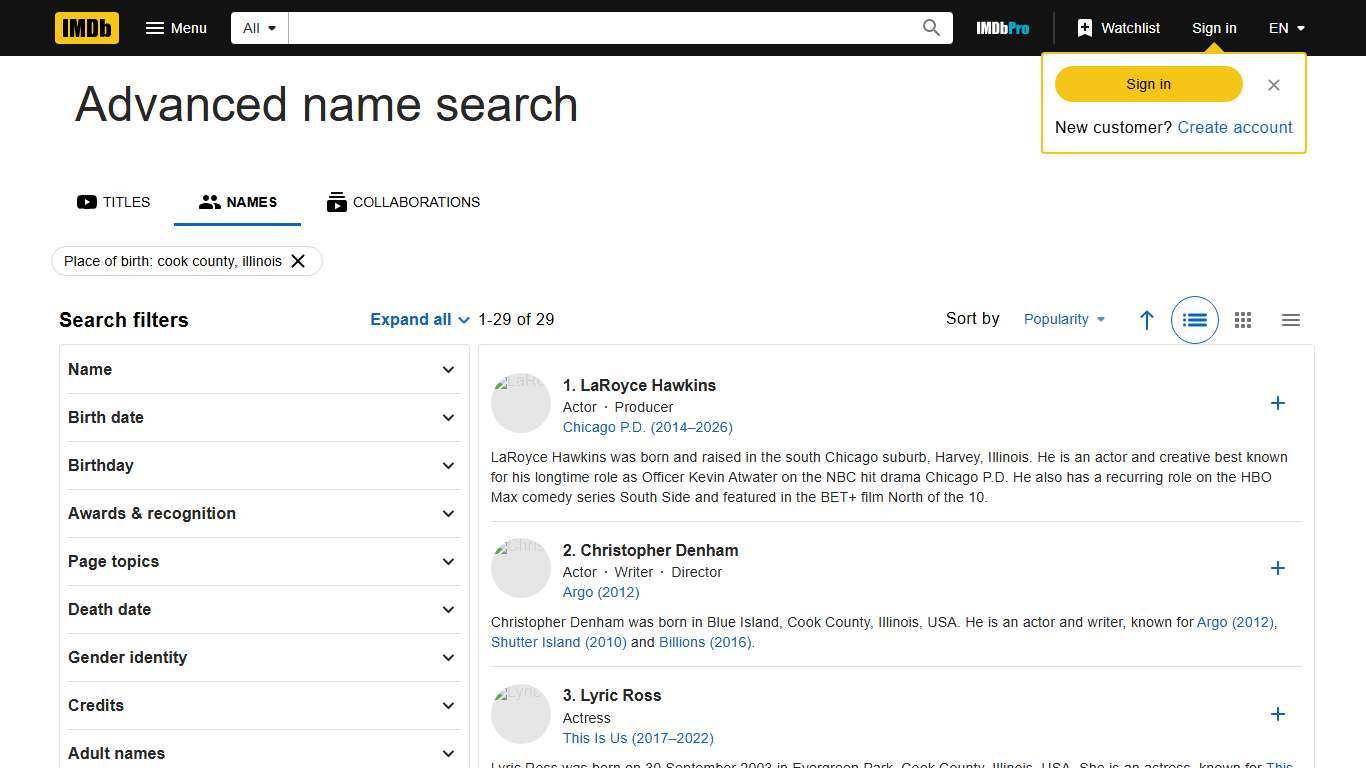 Place of birth Matching "cook county, illinois" (Sorted by Popularity Ascending)